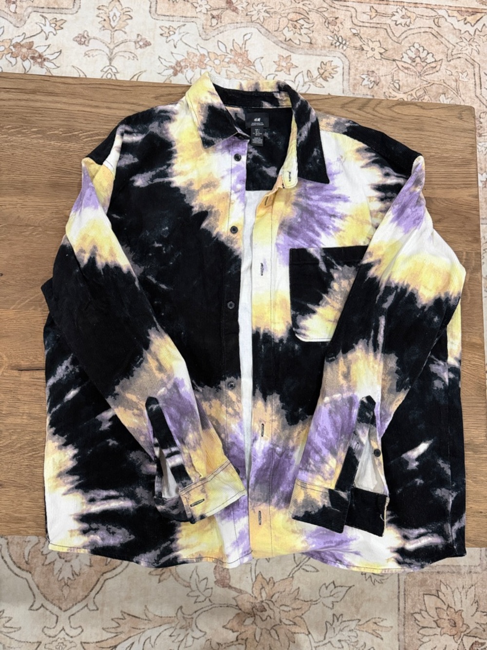 H&M Tie-Dye Button-Down Shirt Jacket — Black, Yellow & Purple